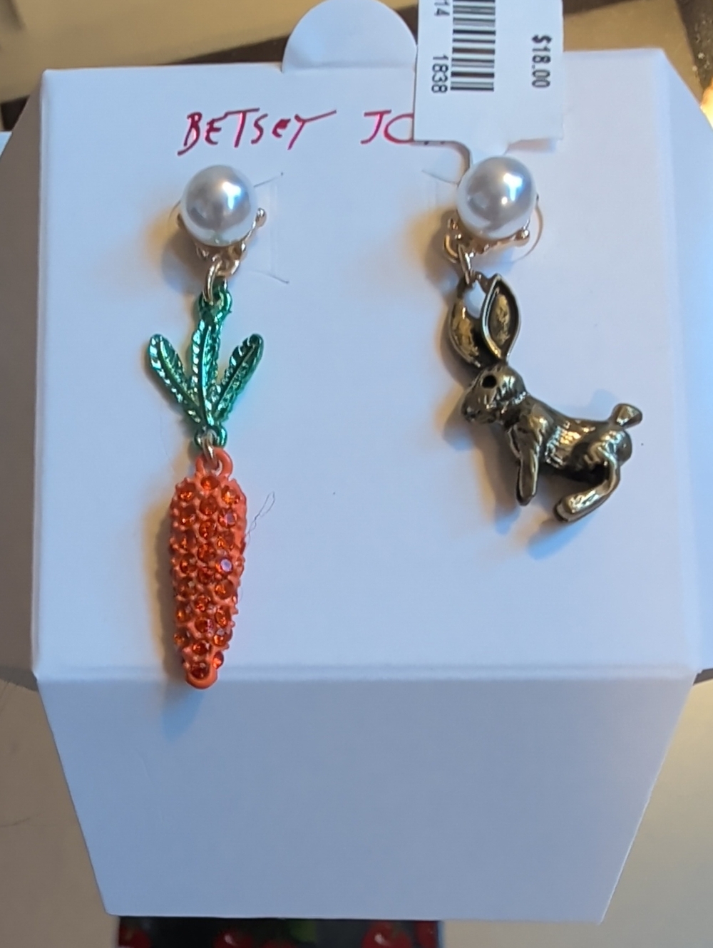 Betsey Johnson Orange & Green Carrot with Gold Bunny Pearl Stud Earrings